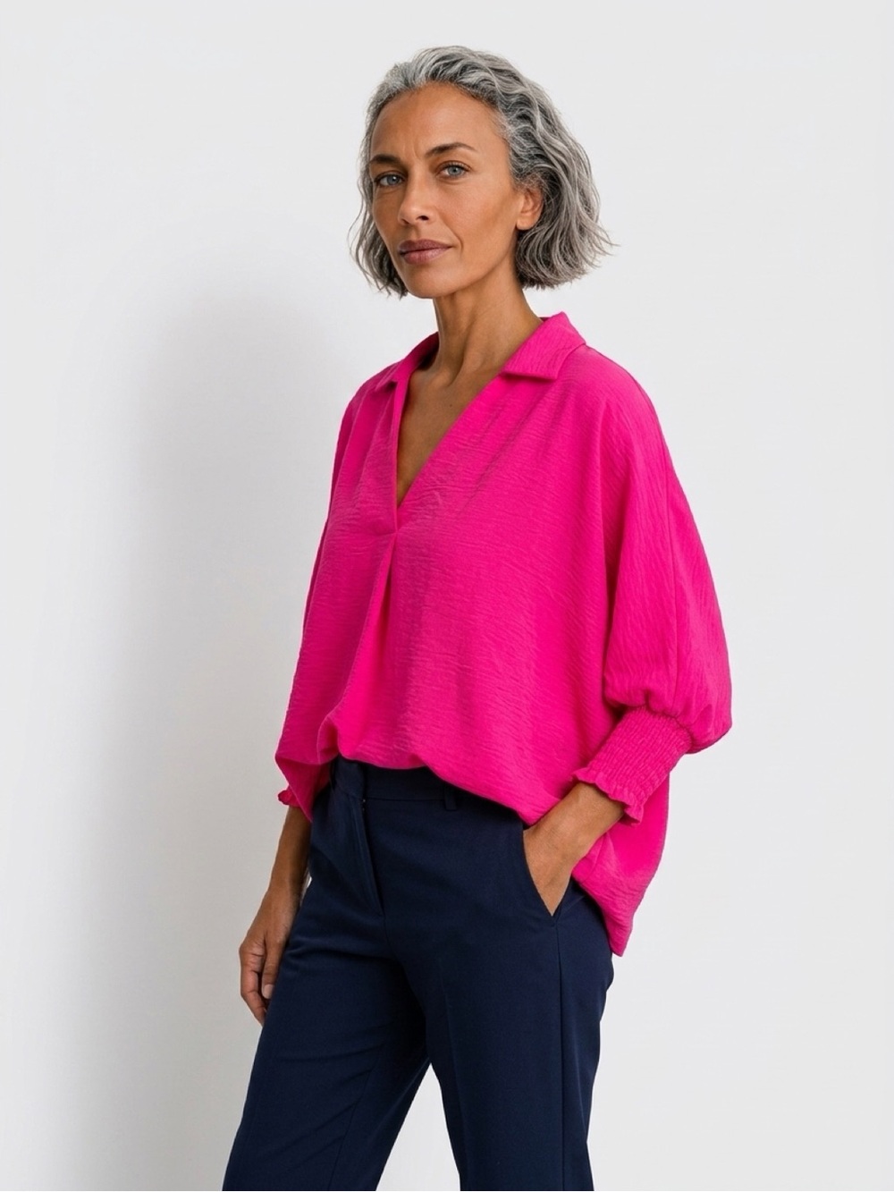 Umgee Bright Fuchsia V-Neck Collared Blouse Small (oversized).